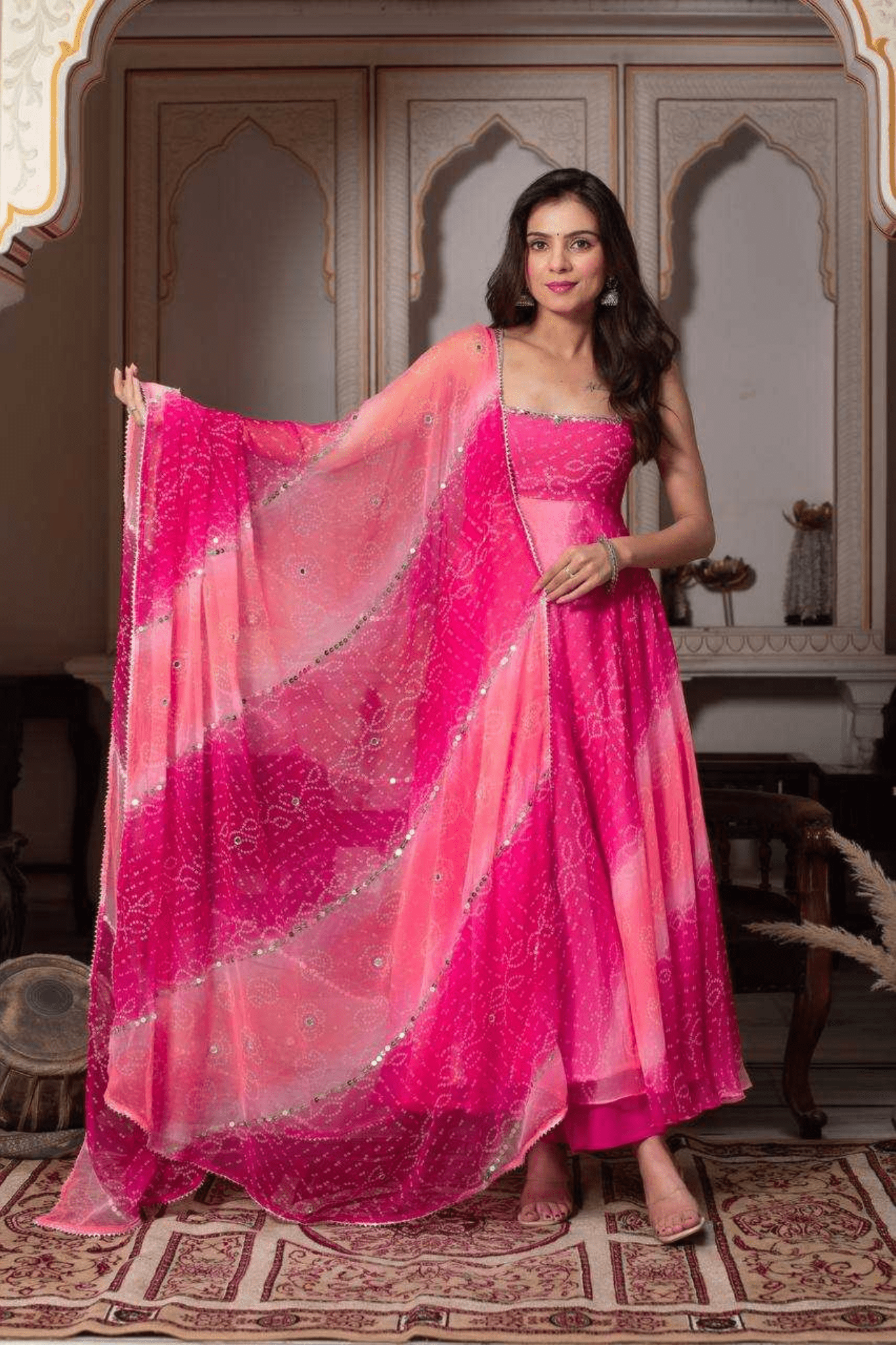 Rani Pink Mirror - Work Faux Georgette Anarkali Set - kavyo.in