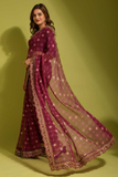Wine Georgette Chiffon Saree with Floral Foil Print and Embroidered Lace Border