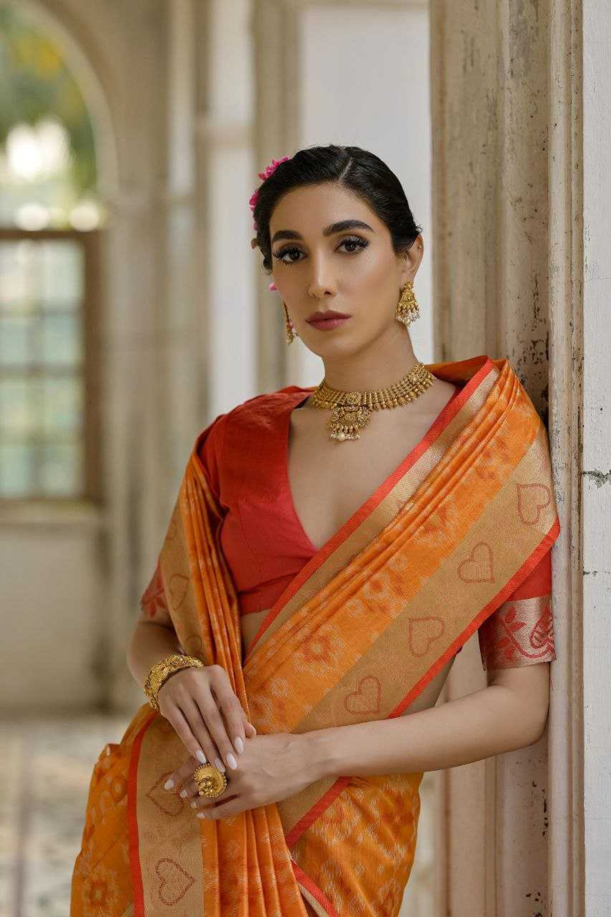 Orange Soft Desi Raw Silk Saree with Pochampally Ikkat Concept & Zari Weaving Border