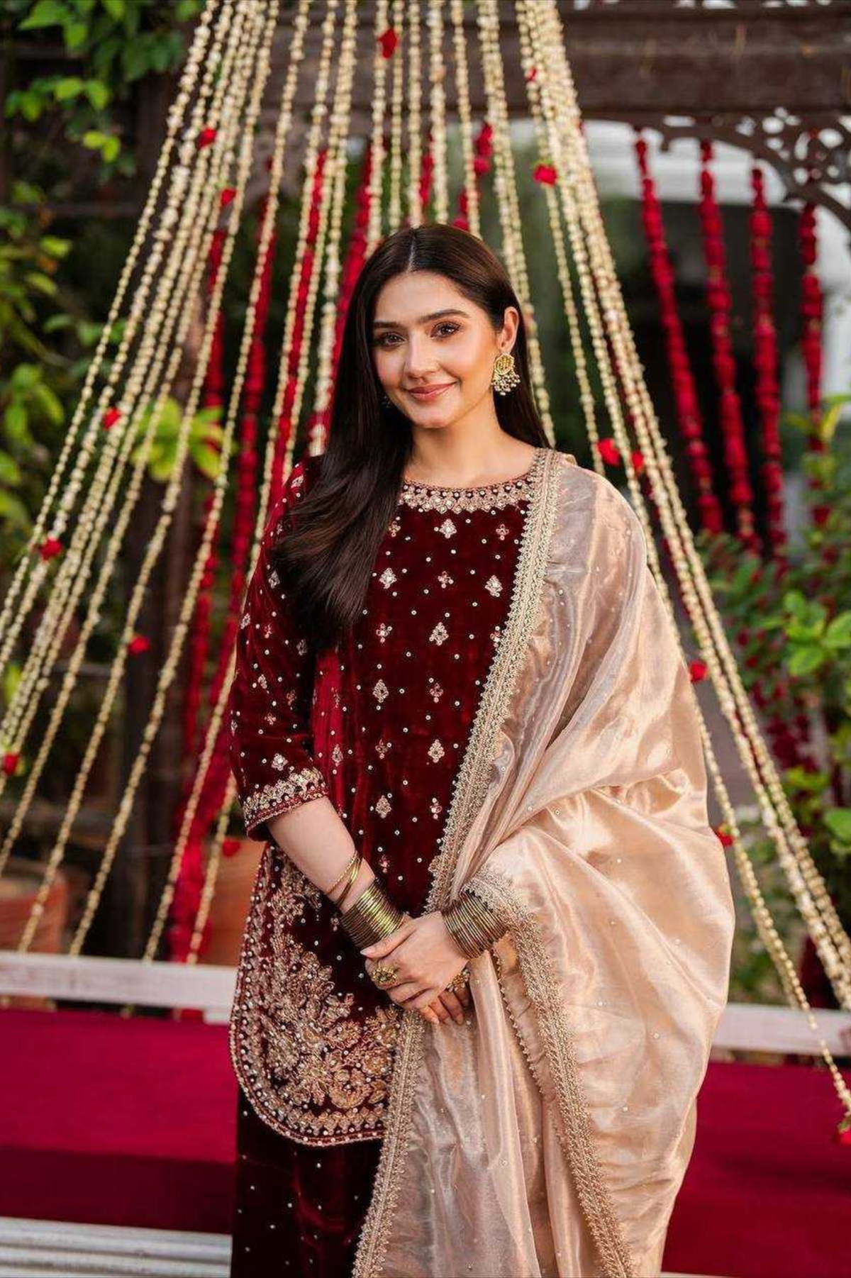 Wine Velvet Moti Work Palazzo with Organza Silk Dupatta