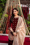 Wine Velvet Moti Work Palazzo with Organza Silk Dupatta