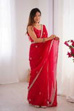 Elegant Red Fandy Saree with Beads & Sequin Embroidery