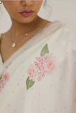 Plain Linen White Saree with Digital Floral Print & Matching Blouse