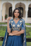 Teal Blue Vichitra Silk Lehenga Choli Set with Heavy Sequins & Thread Embroidery