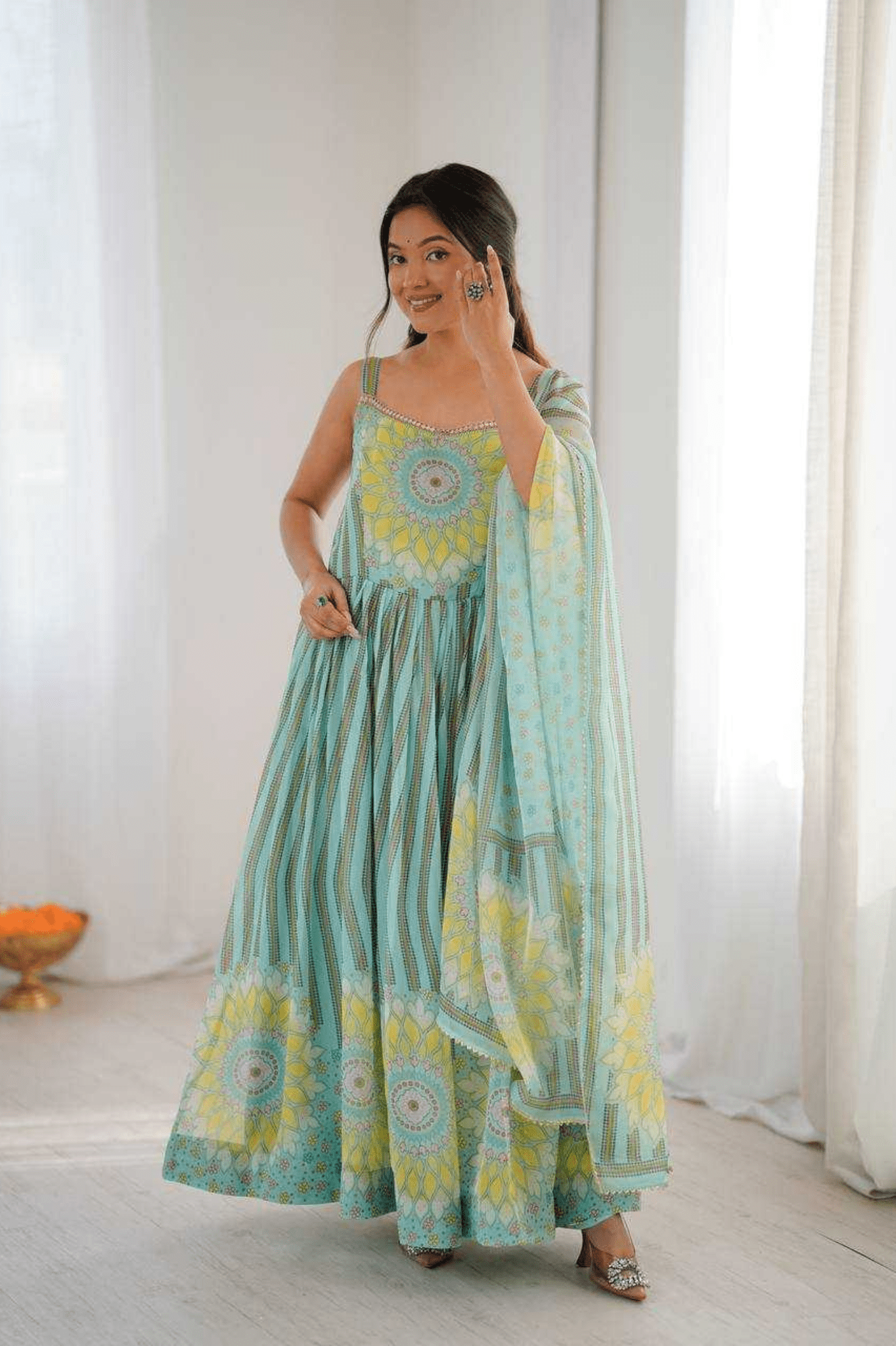 Aqua Blue Sunflower Lehriya Printed Fox Georgette Anarkali Suit Set - kavyo.in
