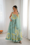 Aqua Blue Sunflower Lehriya Printed Fox Georgette Anarkali Suit Set - kavyo.in