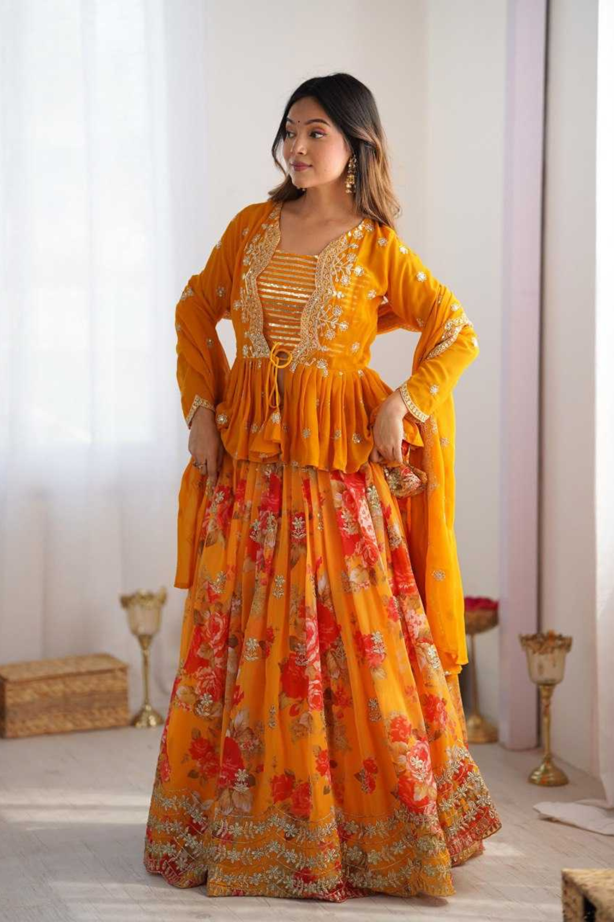 Yellow Digital Print Faux Georgette Lehenga with Sequins Work, Koti & Dupatta Set