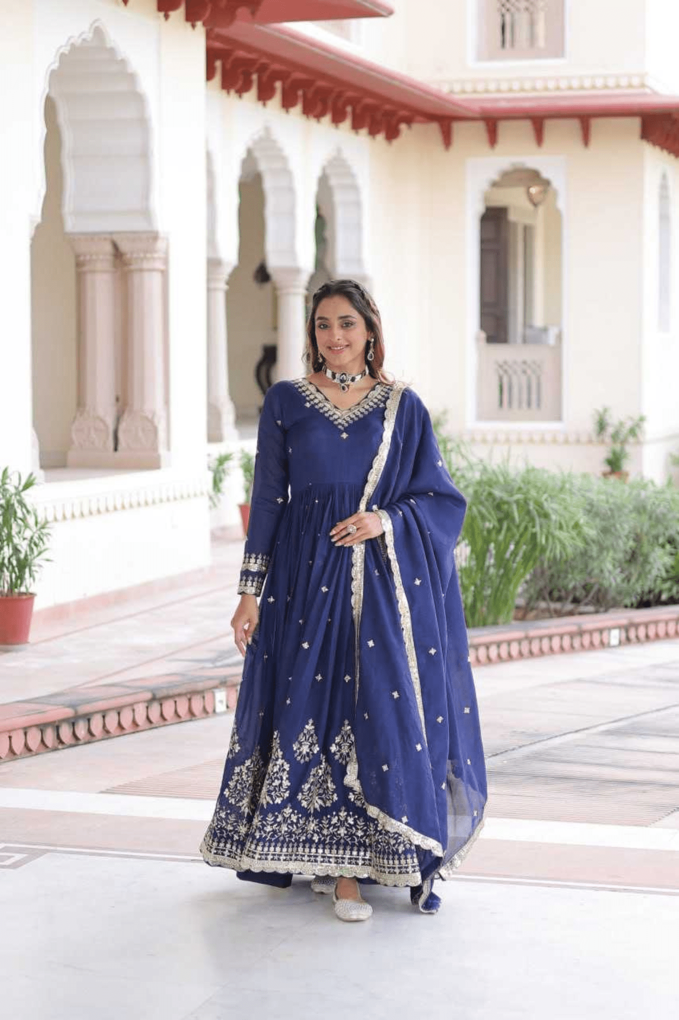 Teal Blue Royal Vichitra Silk Anarkali Gown Set - kavyo.in