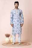 Sky Blue Floral Mono Cotton-Poly Kurta Pajama Set for Men