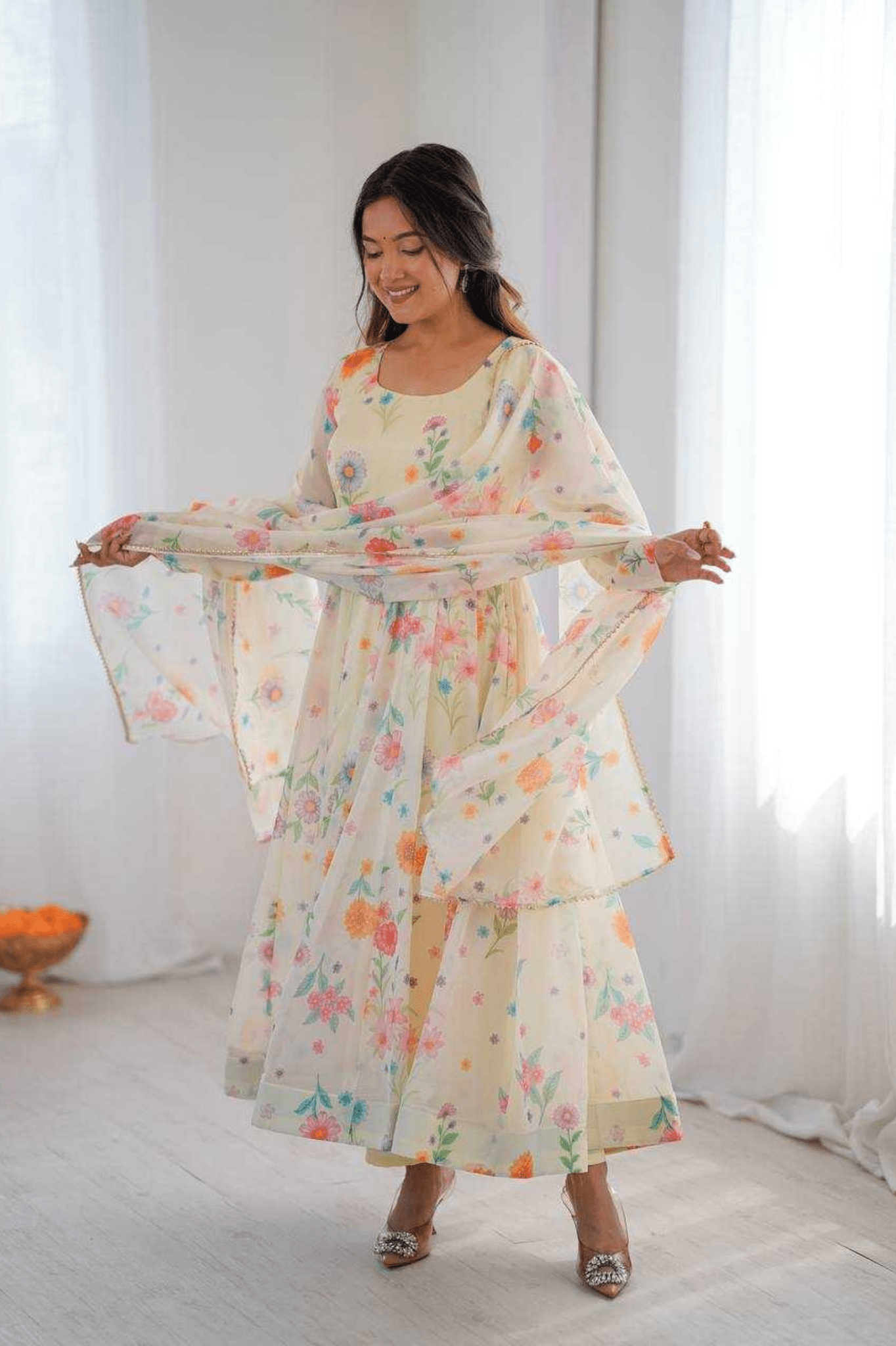 Pastel Floral Organza Anarkali Gown Set with Dupatta & Pant - kavyo.in