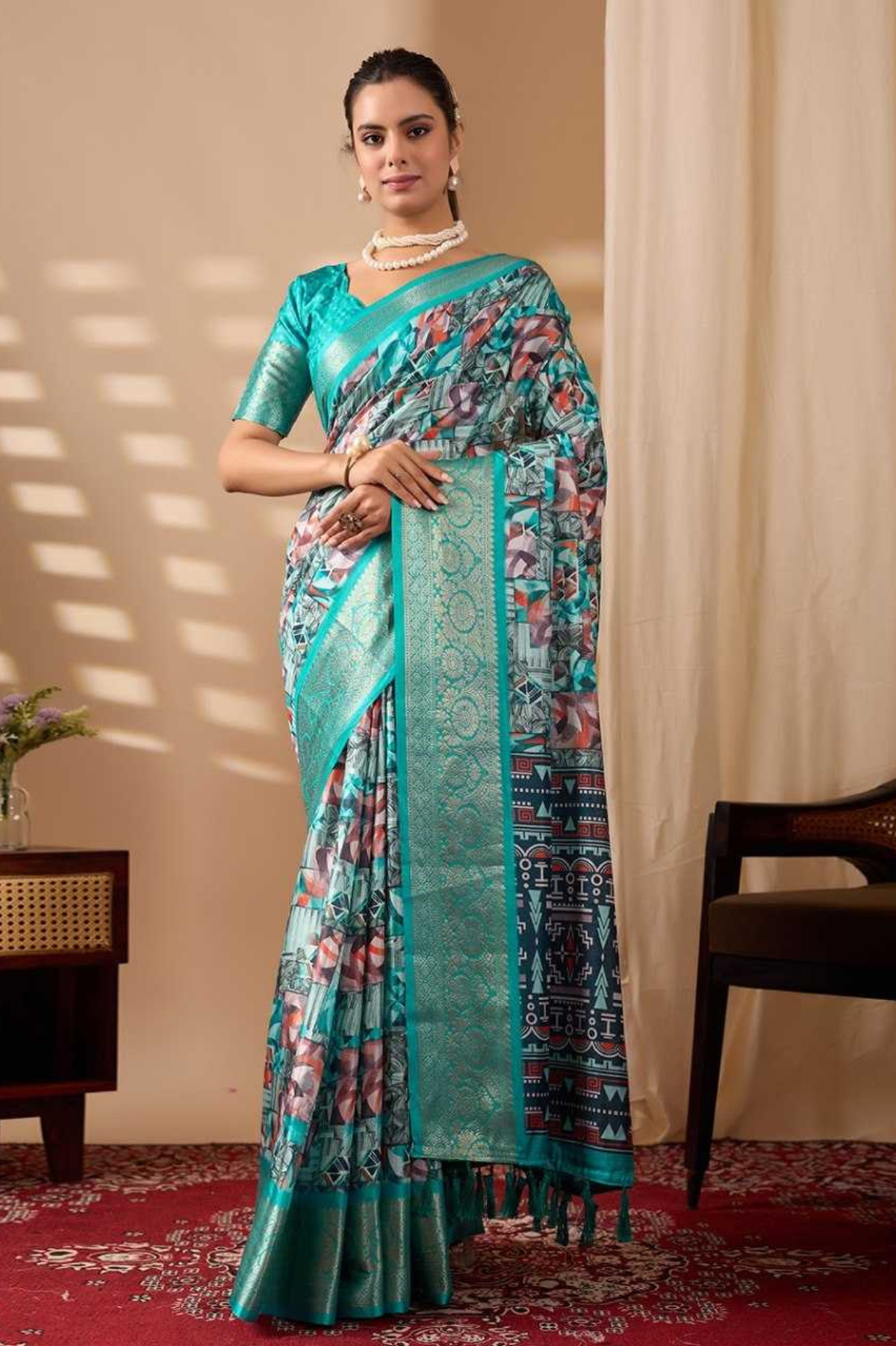 Sea Glass Soft Lichi Silk Abstract Print Sare