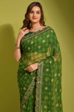 Green Georgette Chiffon Saree with Floral Foil Print and Embroidered Lace Border