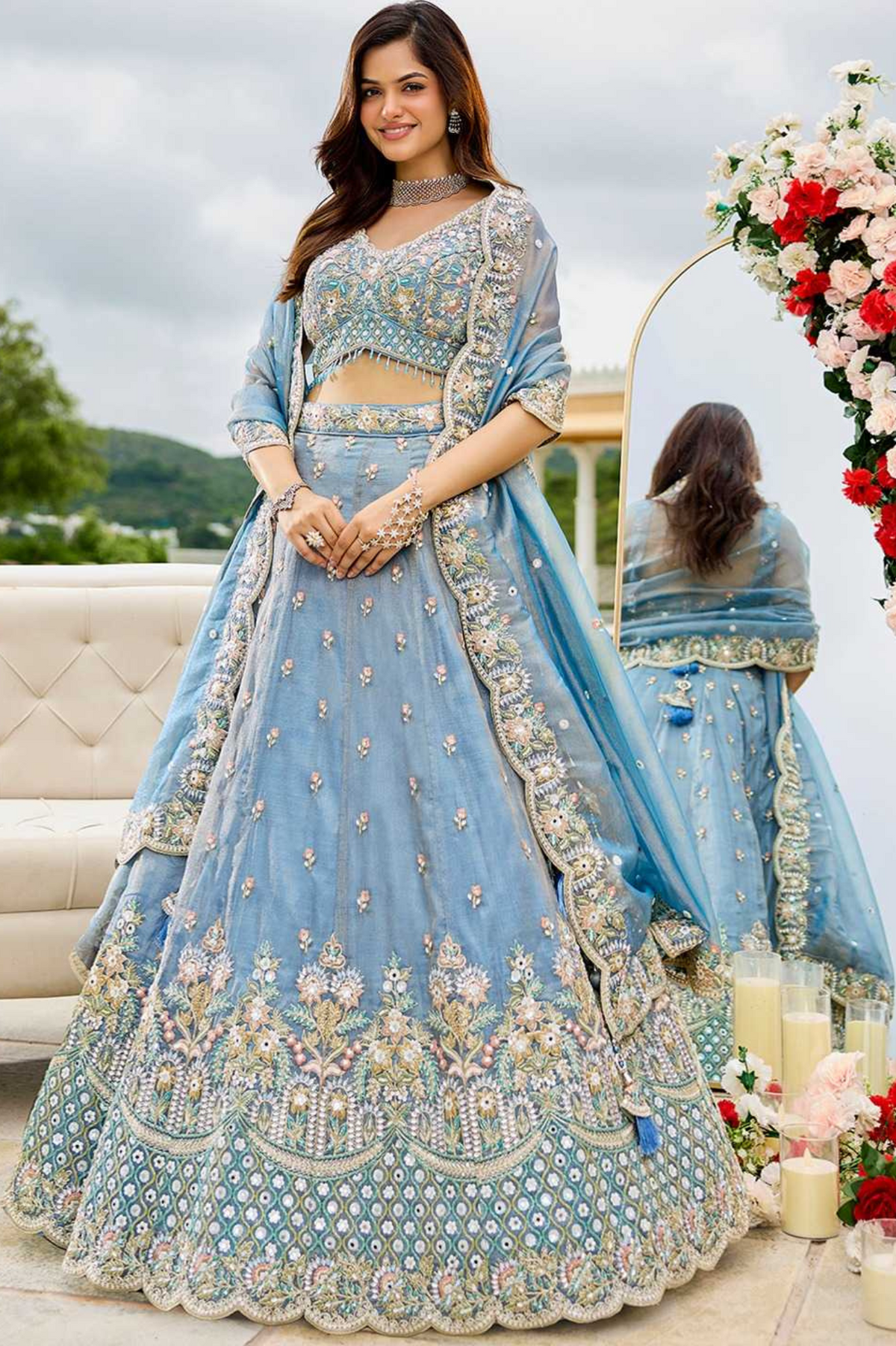 Sky Bloom Satin Silk Lehenga Choli Set