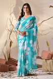 Soft Georgette Aqua Blue Saree with Bold White Floral Digital Print & Tassel Pallu