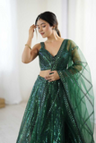 Emerald Green Net Sequins Lehenga with Blouse & Dupatta