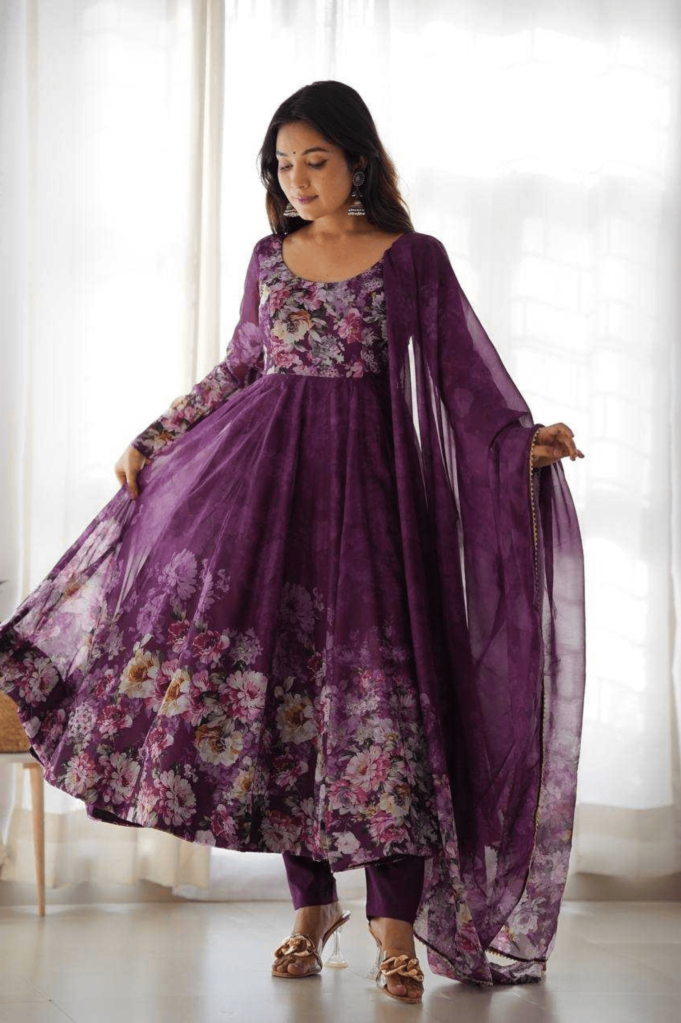 Royal Wine Floral Printed Organza Silk Anarkali Suit Set - kavyo.in