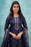 Navy Blue Art Silk Kurti Set with Woven Dupatta