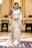 White Kanjivaram Banarasi Silk Saree with Rich Zari Weaving & Jacquard Blouse