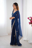 Elegant Blue Fandy Saree with Beads & Sequin Embroidery