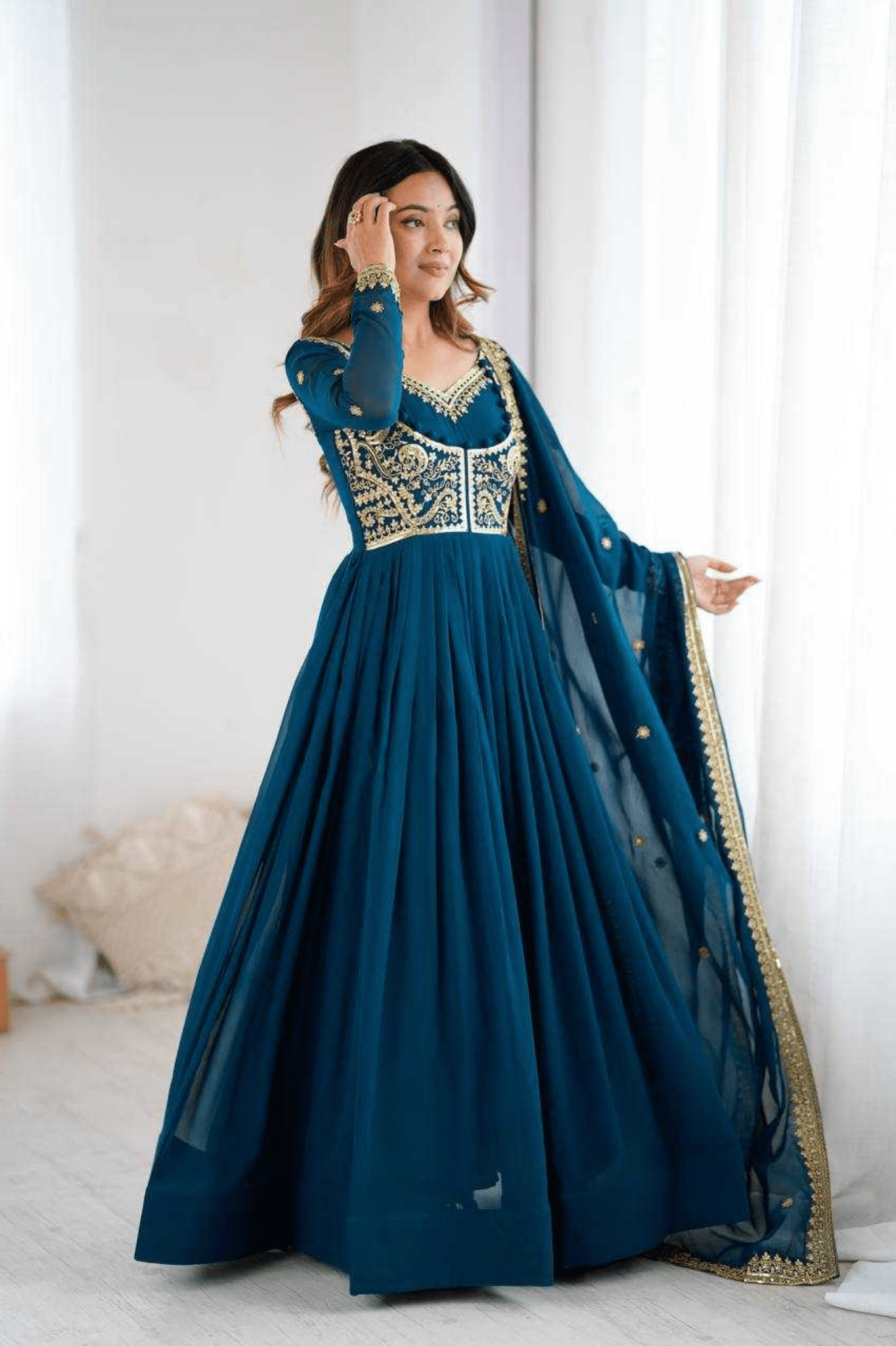 Teal Royale Faux Georgette Embroidered Suit Set with Dupatta - kavyo.in