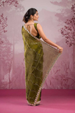 Premium Olive Green Silk Saree with Real Mirror & Glitter Dori Work