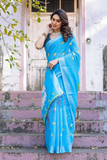 Sky Blue Pure Linen Saree with Silver Border & Tassels
