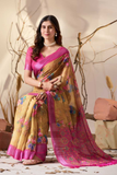 Mustard Bloom Premium Linen Cotton Floral Print Saree