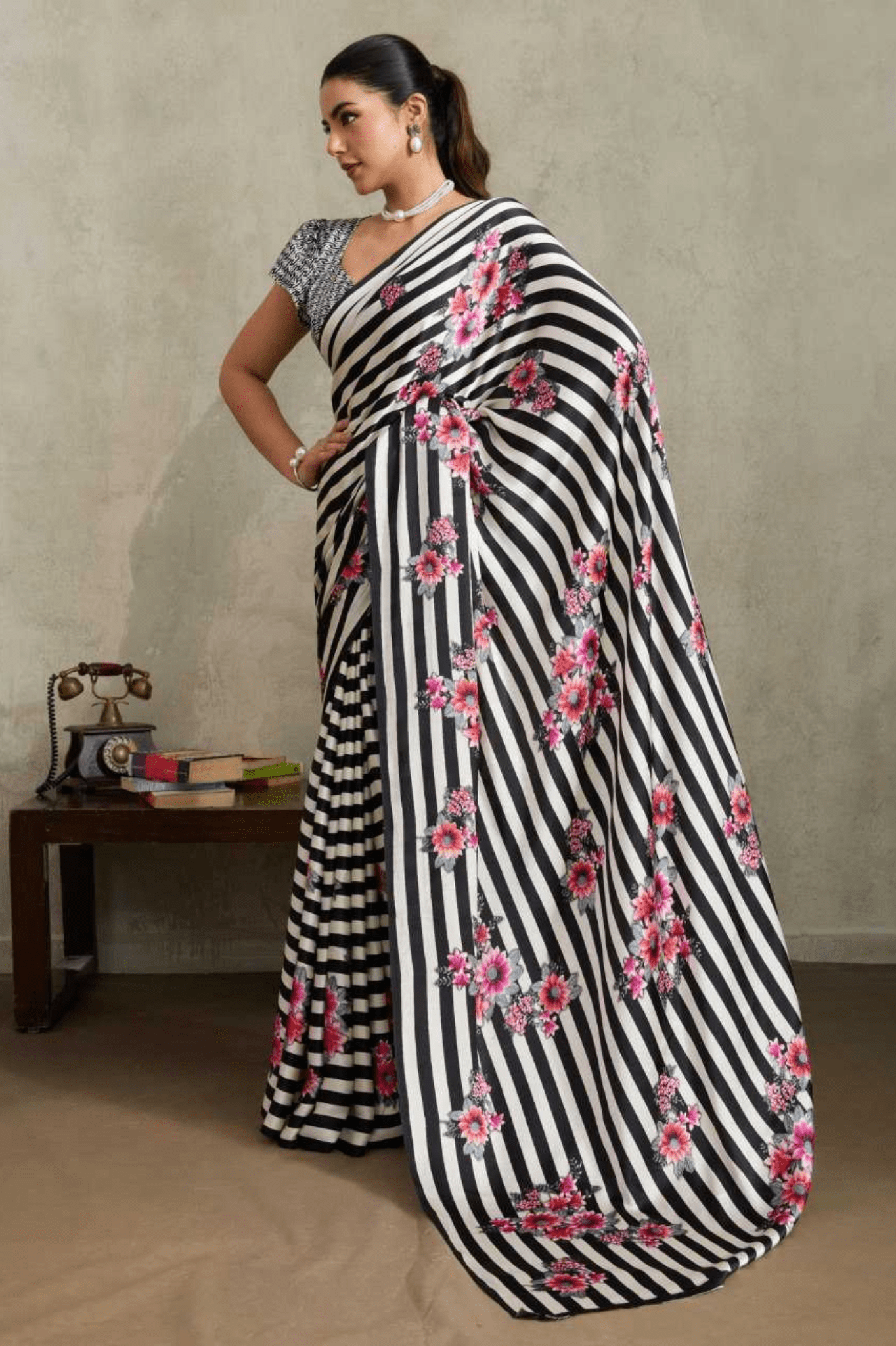 Modern Monochrome Ajrakh Modal Satin Saree - kavyo.in