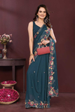Teal Blue Soft Georgette Saree with Multicolor Embroidery Cutwork Border