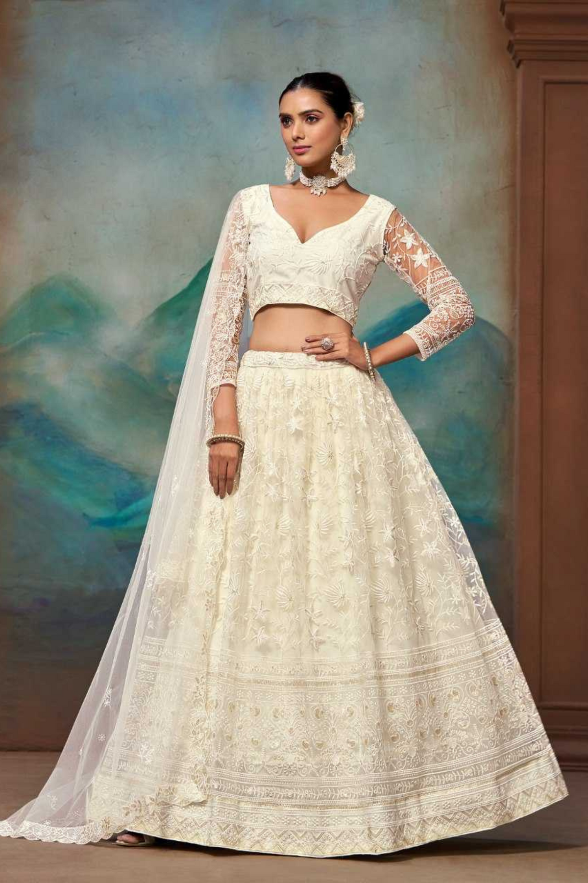 Ivory Butterfly Net Embroidered Lehenga Choli with Dupatta