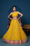 Mustard Yellow Georgette Lehenga with Floral Organza Dupatta
