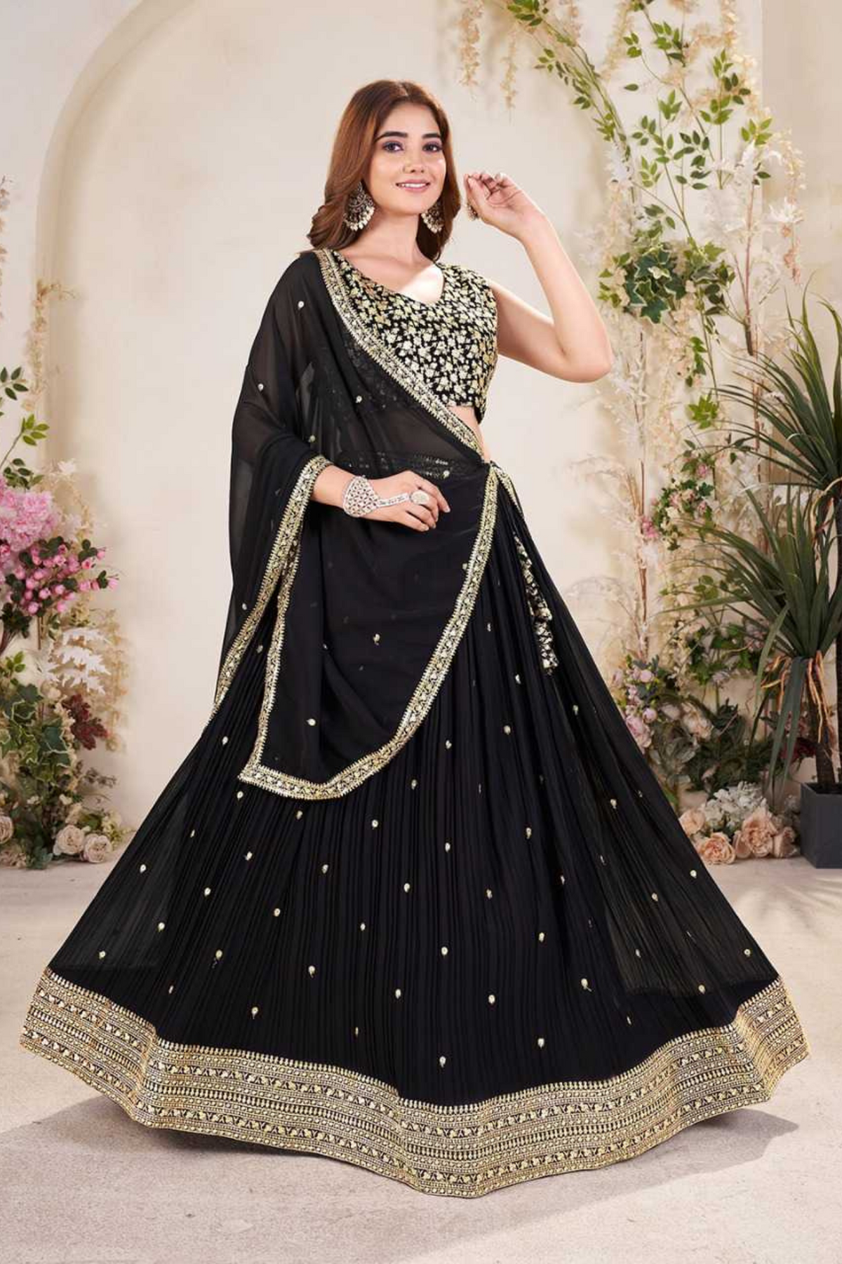 Black Georgette Embroidered Lehenga Choli with Dupatta