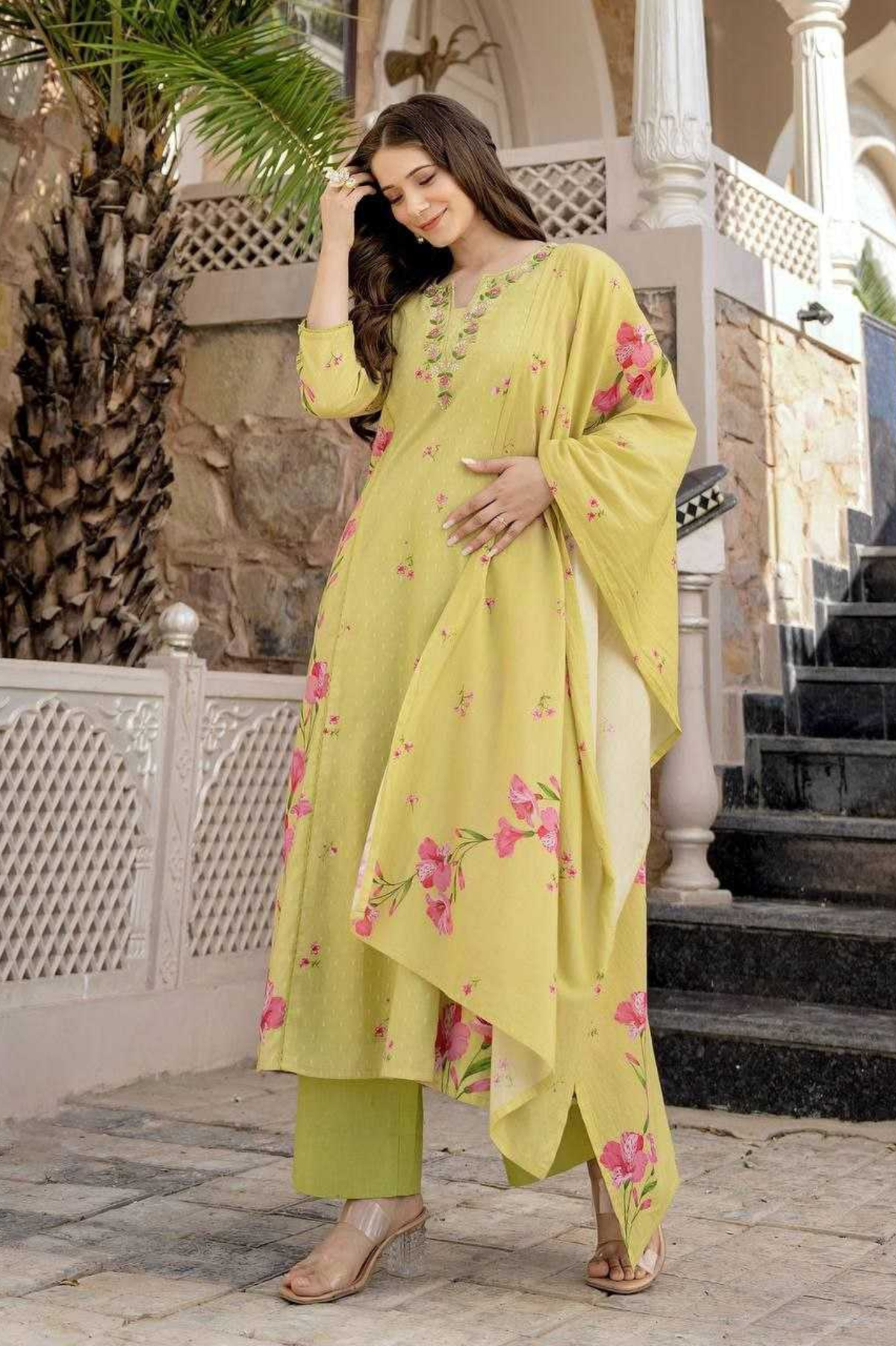 Light Yellow A-Line Chanderi Silk Butti Suit Set