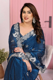 Royal Blue Fendy Chiffon Silk Embroidered Saree with Blouse Piece
