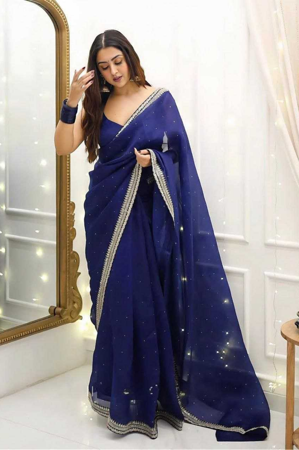 Navy Blue Heavy Organza Silk Saree with Sequins & Diamond Work