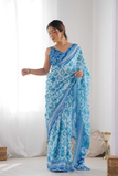 Sky Blue Floral Heavy Chinnon Saree with Mirror Lace Border