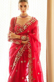 Red Faux Georgette Saree with Heavy Sequin Embroidery and Mirror Lace Border