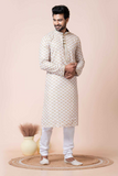 White Cotton-Poly Printed Classic Kurta Pajama Set