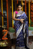 Cobalt Bloom Banarasi Soft Silk All-Over Silver Zari Saree