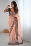 Peach Net Party Wear Saree with Embroidered Border Lace