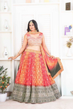 Chinon Silk Ombre Orange & Red Embroidered Lehenga Choli with Dupatta