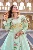 Peacock Floral Embroidered Satin Silk Anarkali Top with Vichitra Lehenga Set