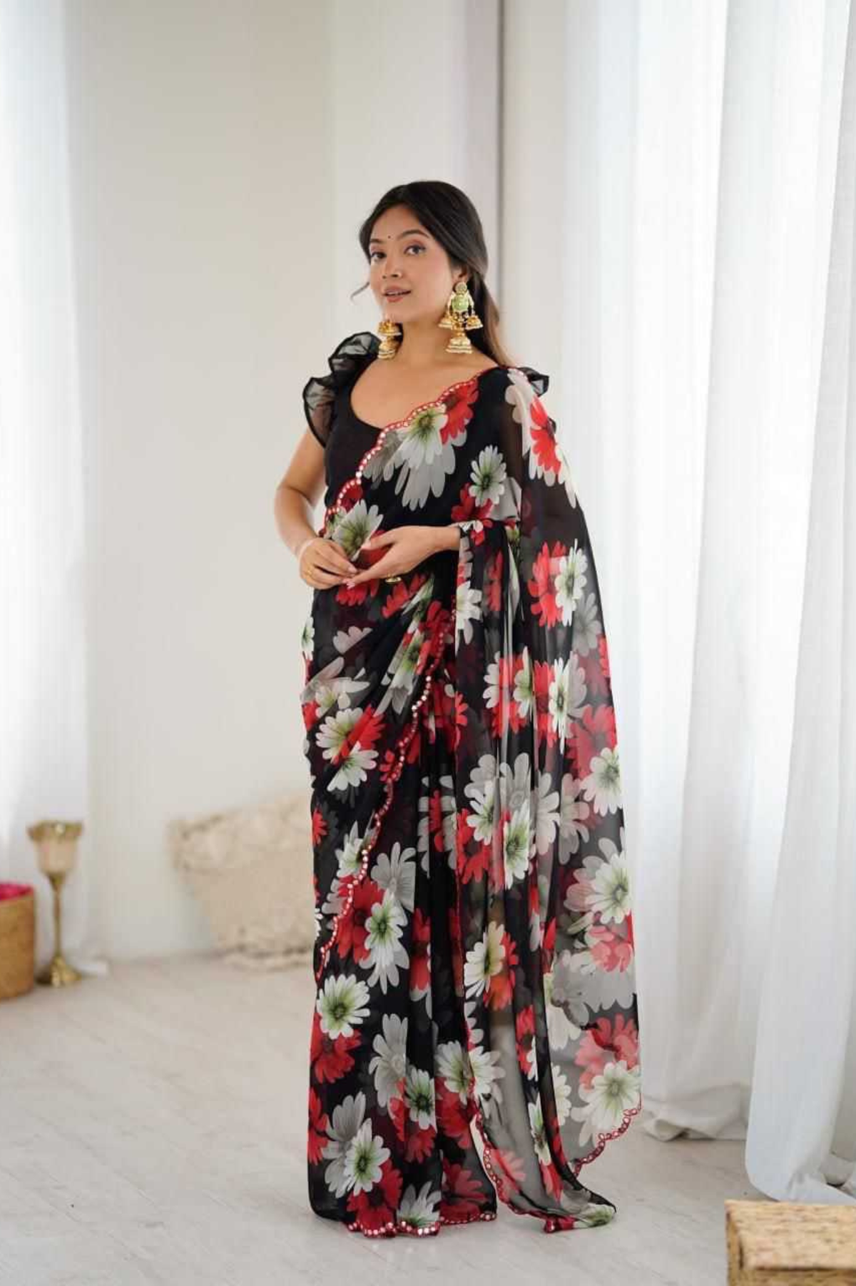 Georgette Floral Mirror Work Saree