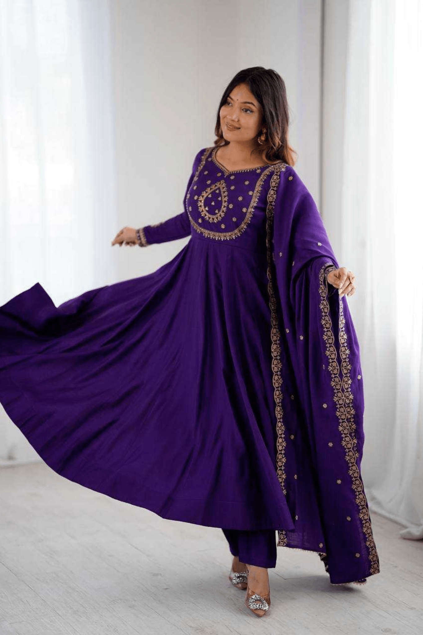 Royal Purple Roman Chanderi Silk Anarkali Gown Set - kavyo.in