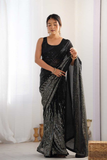 Black Heavy Chinnon Saree with Mirror Lace and Print Detailing