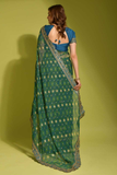Dark Green Georgette Chiffon Saree with Floral Foil Print and Embroidered Lace Border