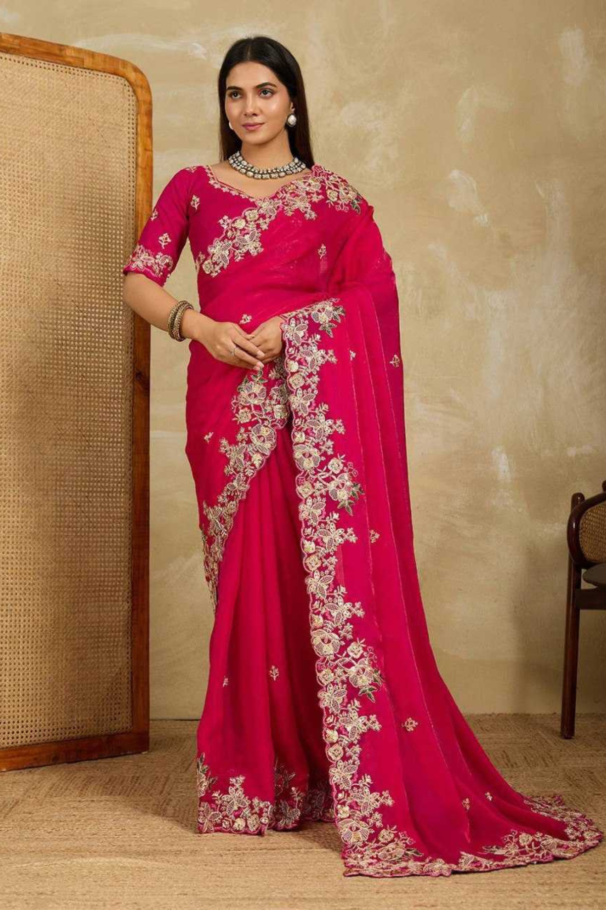Soft Fendy Chiffon Saree with Embroidered Cutwork Aarco Border & Matching Blouse