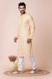 Yellow Print Mono Cotton-Poly Kurta Pajama Set for Men