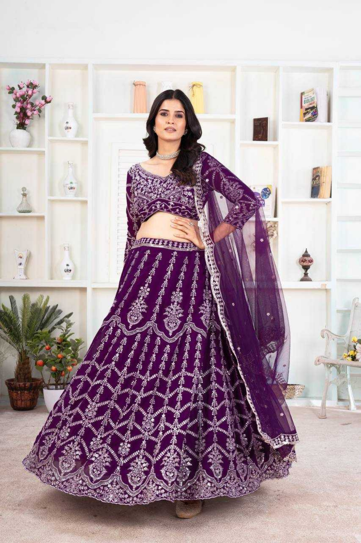 Royal Purple Georgette Embroidered Lehenga Choli with Net Dupatta
