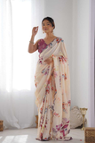 Elegant Floral Print Heavy Chinnon Saree with Mirror Lace Detailing